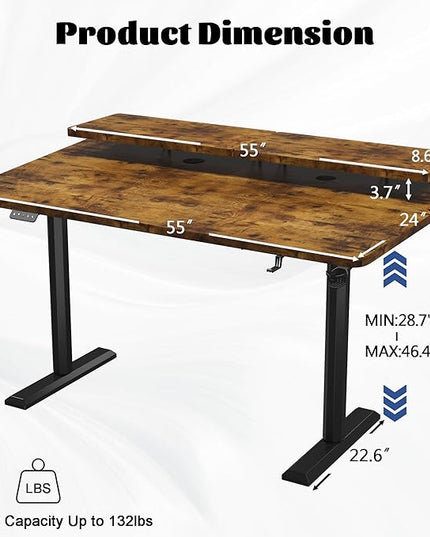 Electric Standing Desk with Monitor Shelf, 55 x 24 Inches Height Adjustable Corner Table, Computer Workstation with Cup Holder and Hook for Home Office, Brown, 55x24 Inch, Rustic Brwon - LeafyLoom