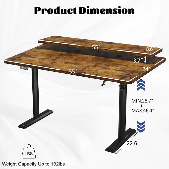 Electric Standing Desk with Monitor Shelf, 55 x 24 Inches Height Adjustable Corner Table, Computer Workstation with Cup Holder and Hook for Home Office, Brown, 55x24 Inch, Rustic Brwon - LeafyLoom