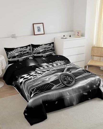 Feelyou Racing Car Comforter Set, Cool Speed Race Car Down Comforter King for Kids Boys Girls Teens Bedroom, Automobile Extreme Sport Bedding Set Plaid Checkered Duvet Sets with 2 Pillowcases,Grey - LeafyLoom