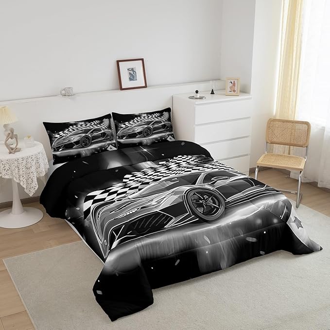 Feelyou Racing Car Comforter Set, Cool Speed Race Car Down Comforter King for Kids Boys Girls Teens Bedroom, Automobile Extreme Sport Bedding Set Plaid Checkered Duvet Sets with 2 Pillowcases,Grey - LeafyLoom