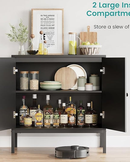 GAOMON Sideboard Buffet Cabinet, Rattan Storage Cabinet, Wood Accent Cabinet with Door and Shelf, Console Cabinet with Storage, Sideboard Cabinet for Hallway, Entryway, Living Room (Black) - LeafyLoom