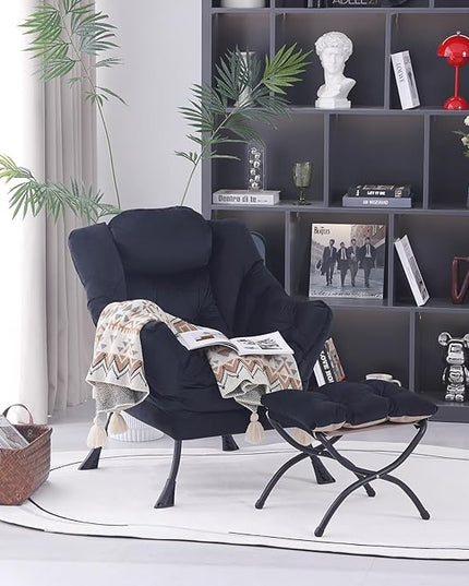 Lazy Chair with Ottoman, Modern Accent Chair Contemporary Lounge Leisure Upholstered Sofa Chair Set with Armrests, Reading Chair for Living Room, Bedroom, Office, Black - LeafyLoom