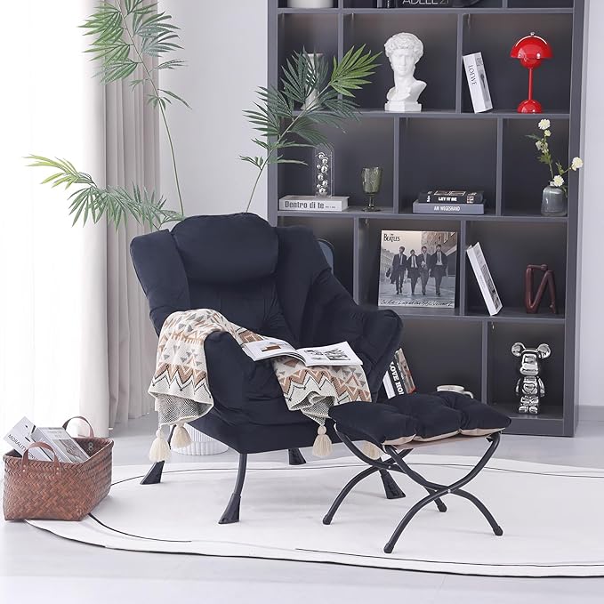 Lazy Chair with Ottoman, Modern Accent Chair Contemporary Lounge Leisure Upholstered Sofa Chair Set with Armrests, Reading Chair for Living Room, Bedroom, Office, Black - LeafyLoom