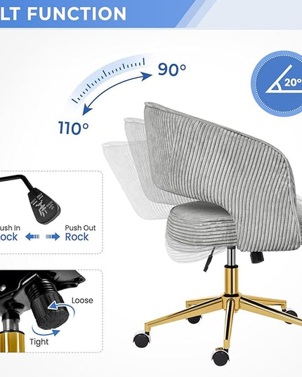 Office Desk Chair, Corduroy Ergonomic Office Chair with Wheels, Computer Swivel Rolling Chair, Comfy Vanity Desk Chairs for Bedroom, Living Room, Study, Light Grey - LeafyLoom