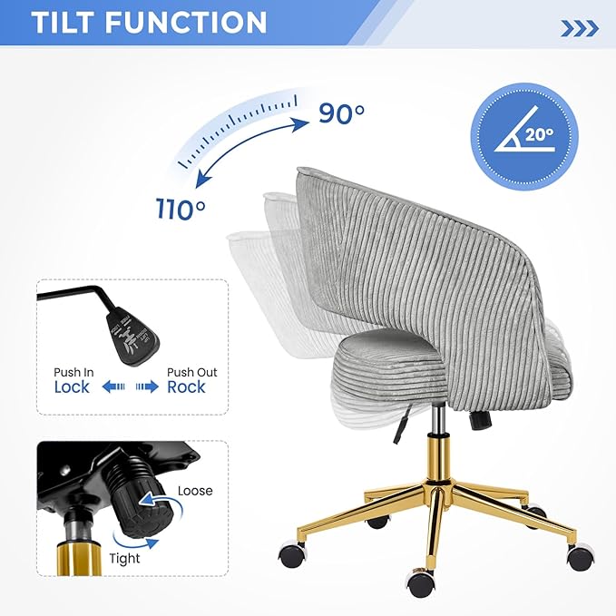 Office Desk Chair, Corduroy Ergonomic Office Chair with Wheels, Computer Swivel Rolling Chair, Comfy Vanity Desk Chairs for Bedroom, Living Room, Study, Light Grey - LeafyLoom
