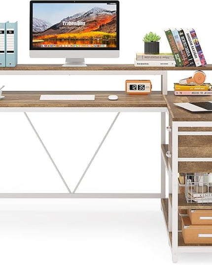 Reversible L-Shaped Computer Desk with hutch & Shelf,white - LeafyLoom