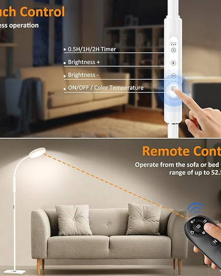 LED Floor Lamp, Height Adjustable Floor Lamps for Living Room, Super Bright Standing Lamp with Timer, Adjustable Colors & Brightness Floor lamp for Bedroom with Remote & Touch Control, White - LeafyLoom