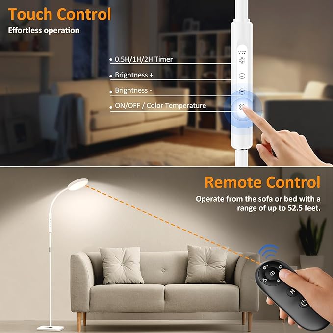 LED Floor Lamp, Height Adjustable Floor Lamps for Living Room, Super Bright Standing Lamp with Timer, Adjustable Colors & Brightness Floor lamp for Bedroom with Remote & Touch Control, White - LeafyLoom
