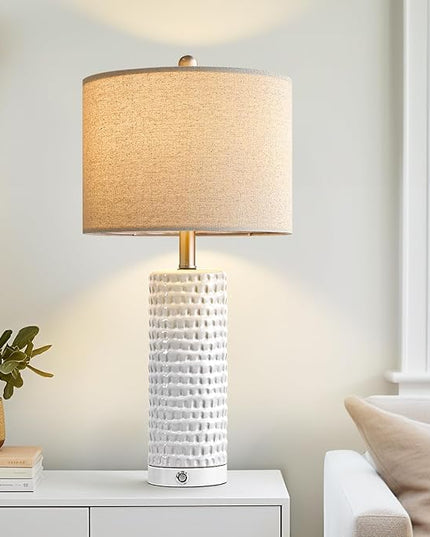 PORTRES 24" Bedside Lamps Table Lamp for Bedroom, 3-Way Dimmable Touch Nightstand Lamp, Farmhouse Ceramic White Lamp for Living Room End Table Lamps with USB C+A Ports (1 Pack) - LeafyLoom