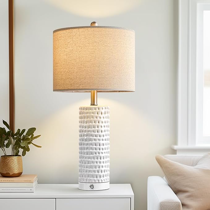 PORTRES 24" Bedside Lamps Table Lamp for Bedroom, 3-Way Dimmable Touch Nightstand Lamp, Farmhouse Ceramic White Lamp for Living Room End Table Lamps with USB C+A Ports (1 Pack) - LeafyLoom
