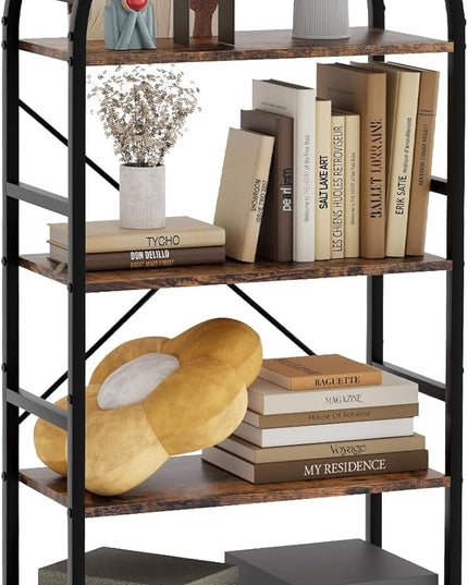 4-Tier Bookshelf, 24 Inch Width Industrial Arched Bookcase, Vintage Storage Rack with Open Shelves, Free Standing Shelf for Home Office, Living Room,Bedroom, Rustic Brown - LeafyLoom