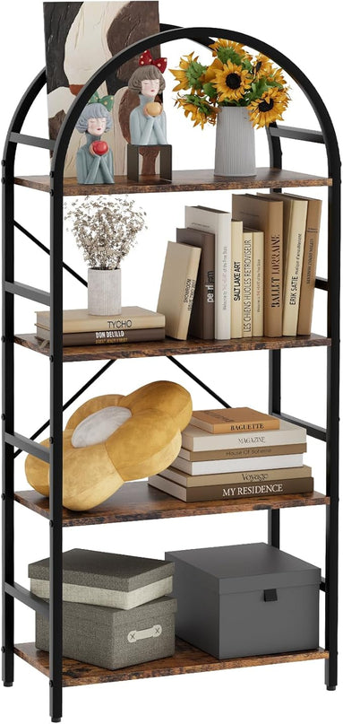 4-Tier Bookshelf, 24 Inch Width Industrial Arched Bookcase, Vintage Storage Rack with Open Shelves, Free Standing Shelf for Home Office, Living Room,Bedroom, Rustic Brown - LeafyLoom
