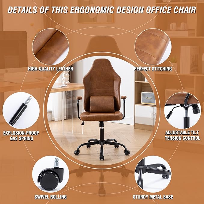 Executive Office Chair, Home Office Desk Chair, High Back PU Leather Desk Chair, 360° Swivel Computer Chair, Height Adjustable Tilt Vanity Task Chair for Office, Reading Meeting Room - LeafyLoom