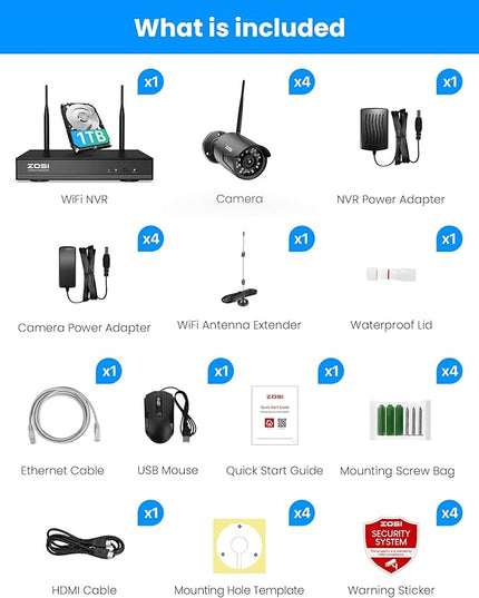 ZOSI Wireless Home Security Camera System Outdoor, 2K 3MP H.265+ 8 Channel CCTV NVR with 1TB HDD for 24/7 Record, 4 x 3MP WiFi IP Camera, Plug-in, Color Night Vision, Spotlight, Remote Access ZOSI