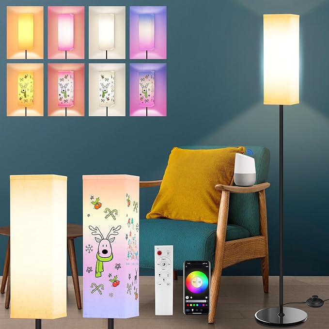 Smart RGB Floor Lamp for Living Room, Bedroom, Modern LED Standing Tall Lamp, WiFi Music Smart Corner Lamp with Remote Control, Dimmable, Compatible with Alexa and Google Home (2 lampshades) - LeafyLoom