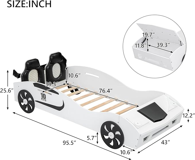 Twin Race Car-Shaped Bed with Storage Space & Upholstered Backrest,Wood Bedframe W/Safety Guardrail,Slats Support,No Box Spring Required,Fun Play for Boys Kids Toddlers Child's Bedroom,White - LeafyLoom
