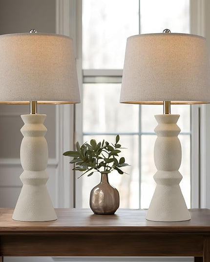 Oneach 25.75'' Farmhouse Ceramic Table Lamp for Living Room Bedside Lamps Office White Table Lamp Set of 2 for Bedroom Retro Nightstand Lamp End Table Lamps (Beige) - LeafyLoom
