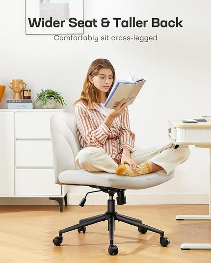 Marsail Criss Cross Chair with Wheels: PU Leather Cross Legged Office Chair Wide Armless Desk Chair Swivel Height Adjustable Vanity Chair for Make Up,Small Space,Bed Room(Light Beige) - LeafyLoom