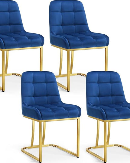 STARY Upholstered Velvet Armless Dining Room Chairs with Gold Metal Legs for Kitchen Restaurant, Blue- Set of 4 - LeafyLoom
