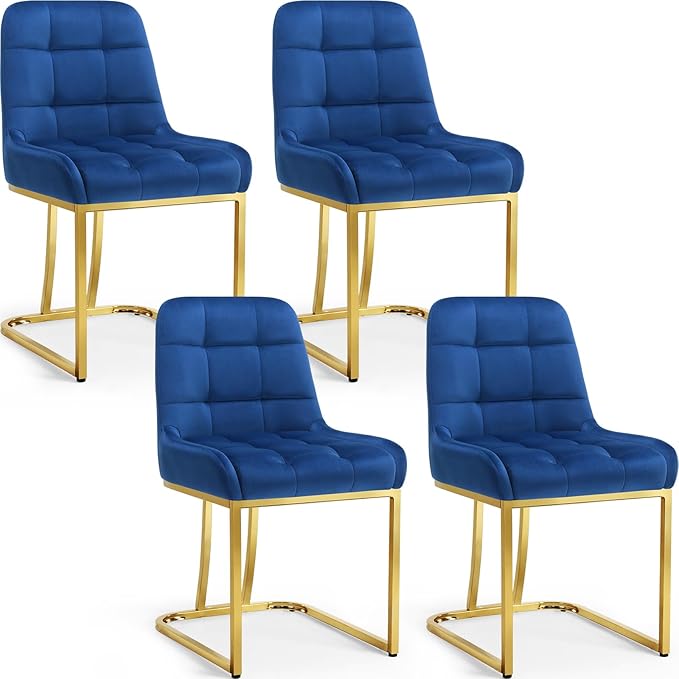 STARY Upholstered Velvet Armless Dining Room Chairs with Gold Metal Legs for Kitchen Restaurant, Blue- Set of 4 - LeafyLoom