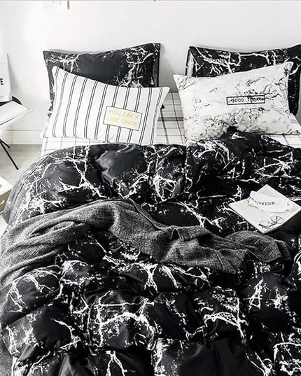 Black Marble Comforter Set Full/Queen White Texture Bedding Reversible Teen Boy Men Full Size Soft Lightweight Quilt Set, 3 PCs( 1 Comforter, 2 Pillowcases) - LeafyLoom
