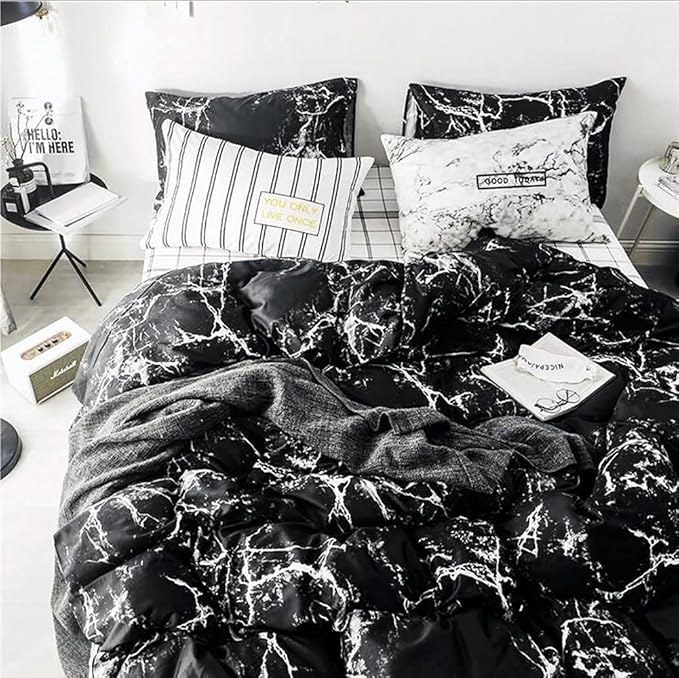 Black Marble Comforter Set Full/Queen White Texture Bedding Reversible Teen Boy Men Full Size Soft Lightweight Quilt Set, 3 PCs( 1 Comforter, 2 Pillowcases) - LeafyLoom