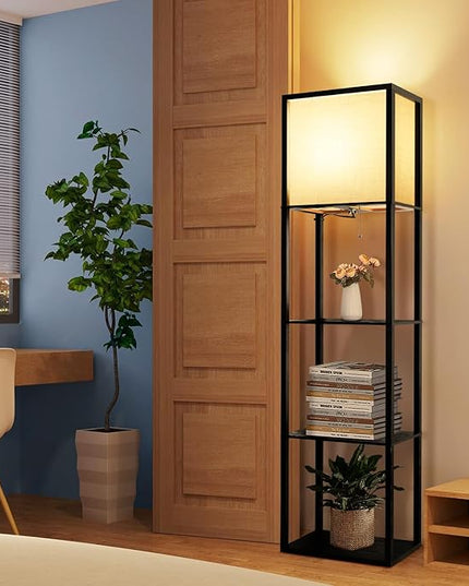 Wide Floor Lamp with Shelves for Living Room Bedroom Office, 4-Tier 2700 4000K 5000K Color Selectable Modern Shelf Floor Lamp with 15W LED Bulb Black. - LeafyLoom
