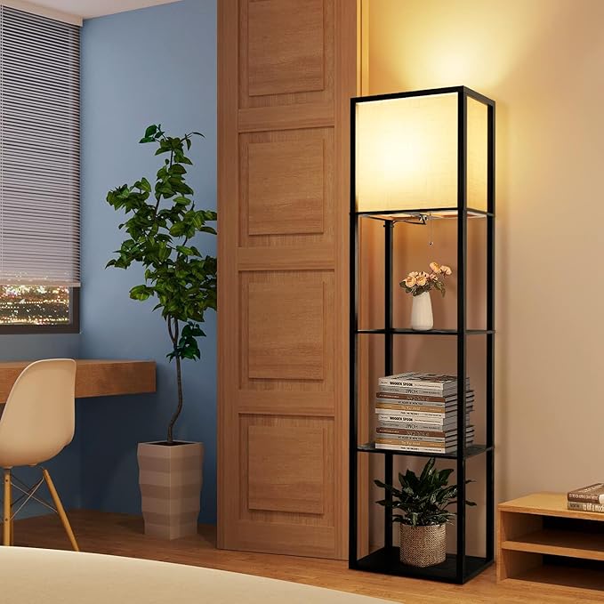 Wide Floor Lamp with Shelves for Living Room Bedroom Office, 4-Tier 2700 4000K 5000K Color Selectable Modern Shelf Floor Lamp with 15W LED Bulb Black. - LeafyLoom