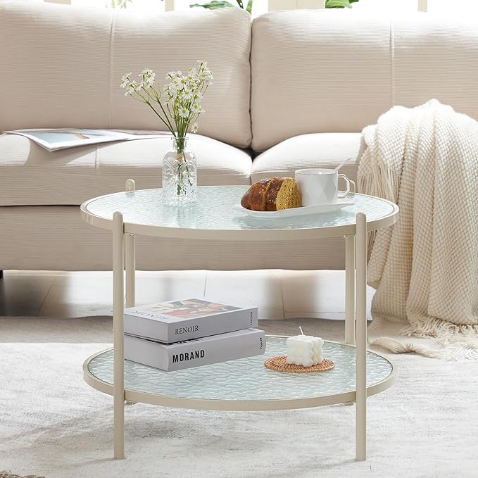 VINGLI 25.6" Small Cream White Round Coffee Table Water-wave Glass Circle Clear Coffee Table, Center Table with 2-Tier Modern Storage Design for Living Room, Bedroom, Meeting Room, Balcony, Beige - LeafyLoom