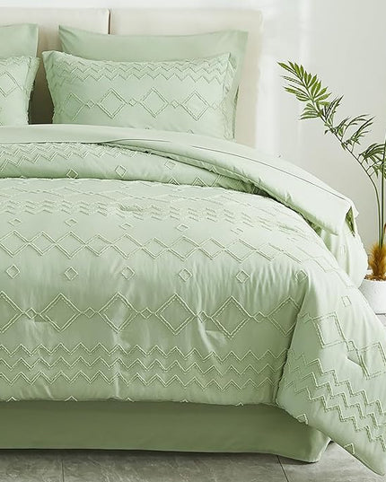 EMME Queen Comforter Set - 7 Pcs Sage Green Boho Bedding Sets, Full Size Tufted Comforter with Sheets, Shabby Chic Embroidery Queen Bed Set Fluffy Bed Bag for All Season(90"X90") - LeafyLoom