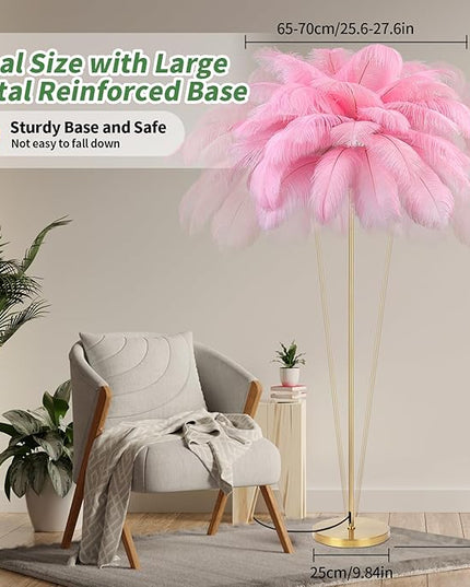 Feather Lamp, Natural Ostrich Feather Floor Lamp for Living Room, 63in Height, 3 Color Temperatures Bright LED Bulbs, Modern Funky Tall Lamp Standing Light for Bedroom (Pink) - LeafyLoom