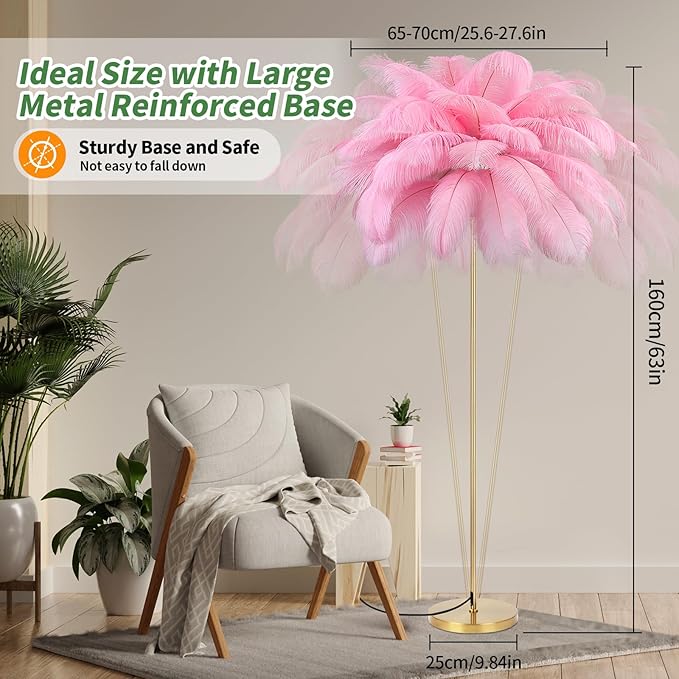 Feather Lamp, Natural Ostrich Feather Floor Lamp for Living Room, 63in Height, 3 Color Temperatures Bright LED Bulbs, Modern Funky Tall Lamp Standing Light for Bedroom (Pink) - LeafyLoom