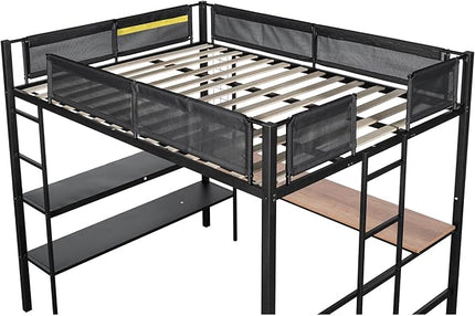 Metal Full Size Loft Bed with Desk & Shelves,Sturdy-Metal Bed-Frame,Noise-free Wood Slats,Comfortable Textilene Guardrail,Built-in Desk, 2-tier-Shelves & Grid Panel,2 Side Ladders,Black - LeafyLoom
