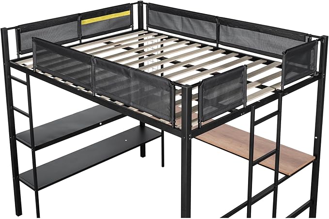 Metal Full Size Loft Bed with Desk & Shelves,Sturdy-Metal Bed-Frame,Noise-free Wood Slats,Comfortable Textilene Guardrail,Built-in Desk, 2-tier-Shelves & Grid Panel,2 Side Ladders,Black - LeafyLoom