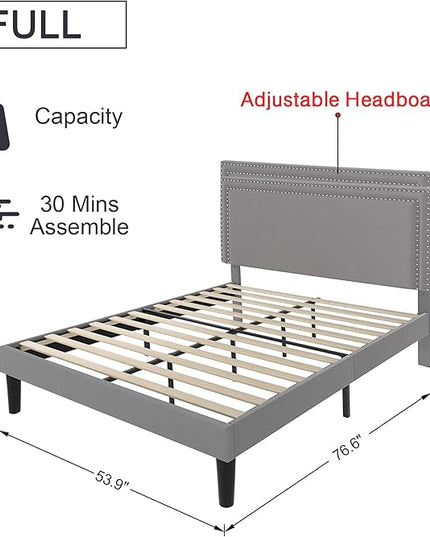 VECELO Full Size Platform Bed Frame with Adjustable Upholstered Headboard, Modern Mattress Foundation,Strong Wood Slat Support, No Box Spring Needed, Easy Assembly - LeafyLoom
