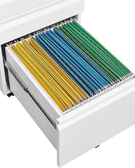 3-Drawer Mobile Lock and 5 Casters,Pre-Assembled Metal Office Storage Filing Cabinets w/ 1 Removable Hanging Rods,for Legal/Letter Size,White - LeafyLoom