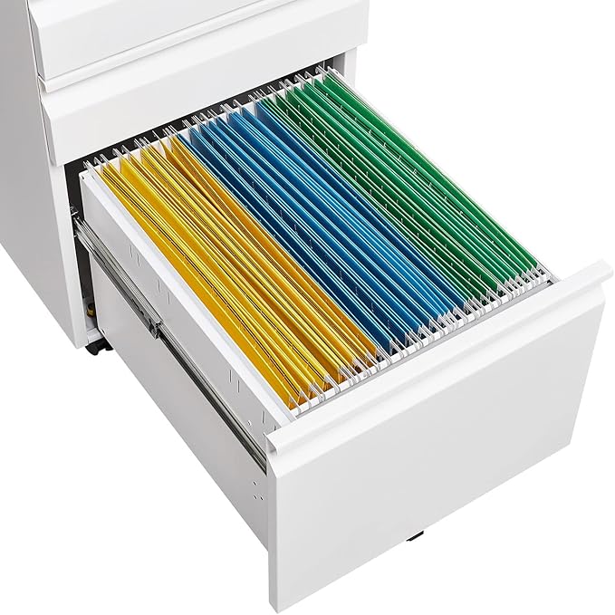 3-Drawer Mobile Lock and 5 Casters,Pre-Assembled Metal Office Storage Filing Cabinets w/ 1 Removable Hanging Rods,for Legal/Letter Size,White - LeafyLoom
