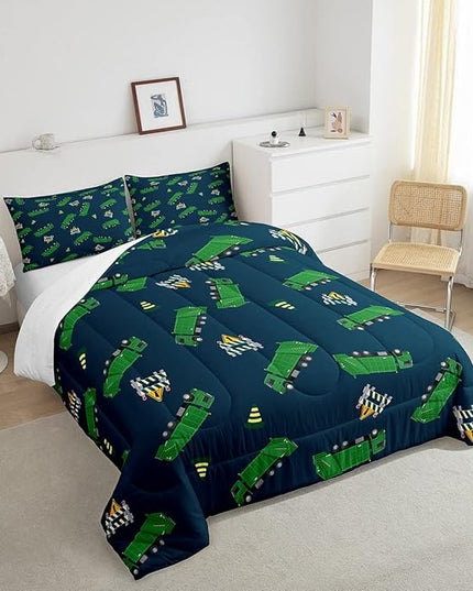 Feelyou Garbage Truck Toy Print Warm Comforter Setfor Kids Boys, Green Garbage Truck Bedding Set Cartoon Equipment Comforter Navy Blue Decor All Season Quilt Room 3Pcs King Size Boys - LeafyLoom