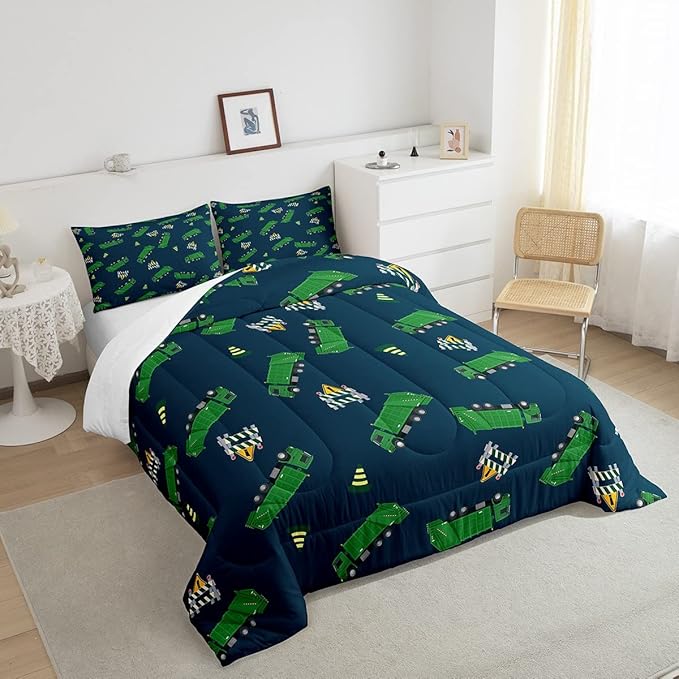 Feelyou Garbage Truck Toy Print Warm Comforter Setfor Kids Boys, Green Garbage Truck Bedding Set Cartoon Equipment Comforter Navy Blue Decor All Season Quilt Room 3Pcs King Size Boys - LeafyLoom