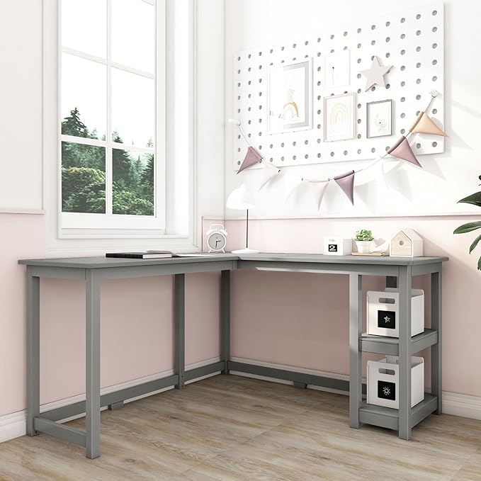 Max & Lily Solid Wood Corner Desk, 55 x 55 Inches, Grey - LeafyLoom