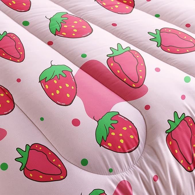 Kawaii Comforter Twin,Pink Strawberry Comforter Set for Kids Teens Girls,3Pcs Bedding Set Printed Comforter with 2 Pillowcases,Down Alternative,Soft and Lightweight，Twin Size - LeafyLoom