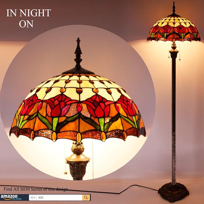 WERFACTORY Tiffany Floor Lamp Red Amber Tulip Flower Stained Glass Standing Reading Light 16X16X64 Inches Antique Pole Corner Lamp Decor Bedroom Living Room Home Office S030 Series - LeafyLoom