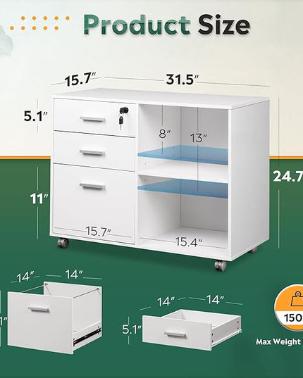 DEVAISE 3-Drawer Wood File Cabinet with Lock, Mobile Lateral Filing Cabinet, Printer Stand with Open Storage Shelves for Home Office, White - LeafyLoom