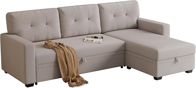 82" Sectional Small Pull Out Bed,L-Shape Upholstered Sleeper Couch W/Storage Chaise,Tufted Backrest Design,3 Seat Linen Convertible Sofas for Living Room Apartment Office,Beige, Beige5 - LeafyLoom