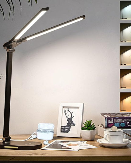 Desk Lights for Home Office - LED Desk Lamp with Night Light, Office Desk Lamp with Memory Function, 5CCT Brightest Workbench Office Lighting, Dimmable Modern Desk Lamp for Monitor Studio Reading - LeafyLoom