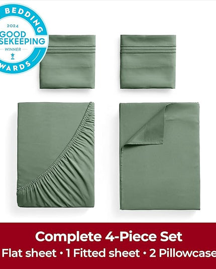 Mellanni Full Sheets Set - 4 PC Iconic Collection Bedding Sheets & Pillowcases - Hotel Luxury, Extra Soft, Cooling Bed Sheets - Deep Pocket up to 16 inch (Full, Sage) - LeafyLoom