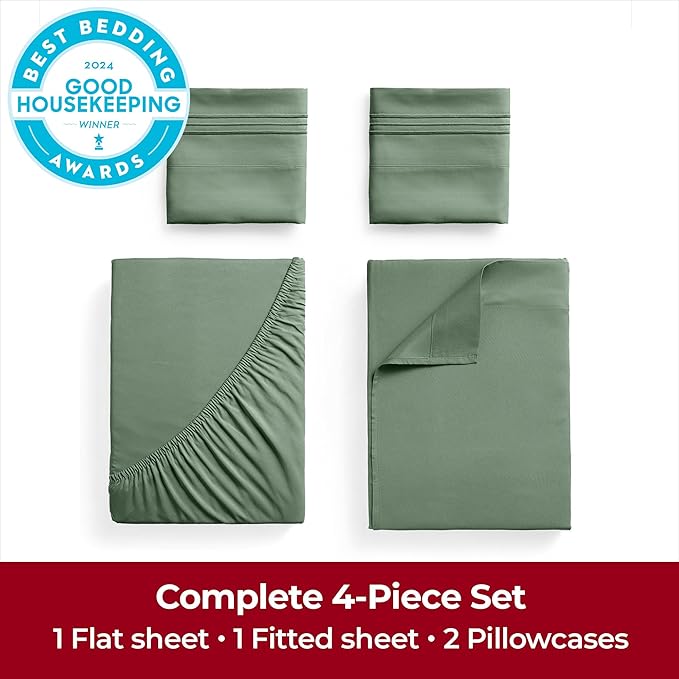 Mellanni King Sheets Set - 4 PC Iconic Collection Bedding Sheets & Pillowcases - Hotel Luxury, Extra Soft, Cooling Bed Sheets - Deep Pocket up to 16 inch (King, Sage) - LeafyLoom