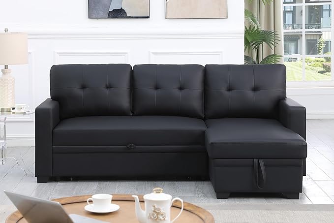 82" L Shaped Pull Out Couch Bed with Storage Chaise,Faux Leather Upholstered Convertible Sectional Sofa W/ 3 Removable Back Cushions for Living Room,Apartment,Office,Black - LeafyLoom