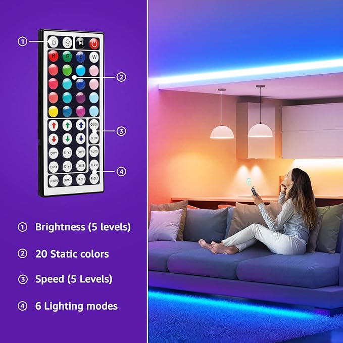 Lepro RGB LED Strip Lights, Christmas Decor, 16.4ft Flexible LED Light Strip, 5050 SMD LED, Color Changing Rope Light with Remote Controller and 24V Power Supply for TV Backlight, Home, Bedroom, Bar Lepro