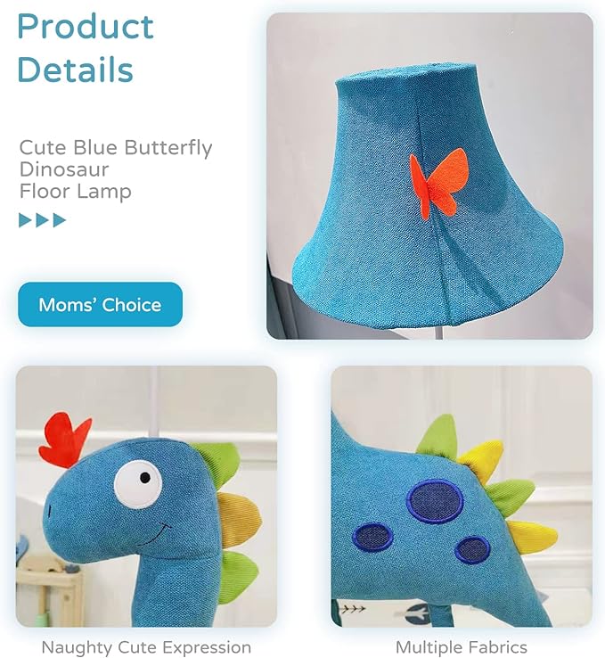 Kids Floor Lamp, Blue Dinosaur Design 50 Inch Modern Floor Lamp for Bedroom, Hand-Stitched Toy Standing Lamp for Living Room, Package Come with an E26 LED Bulb - LeafyLoom